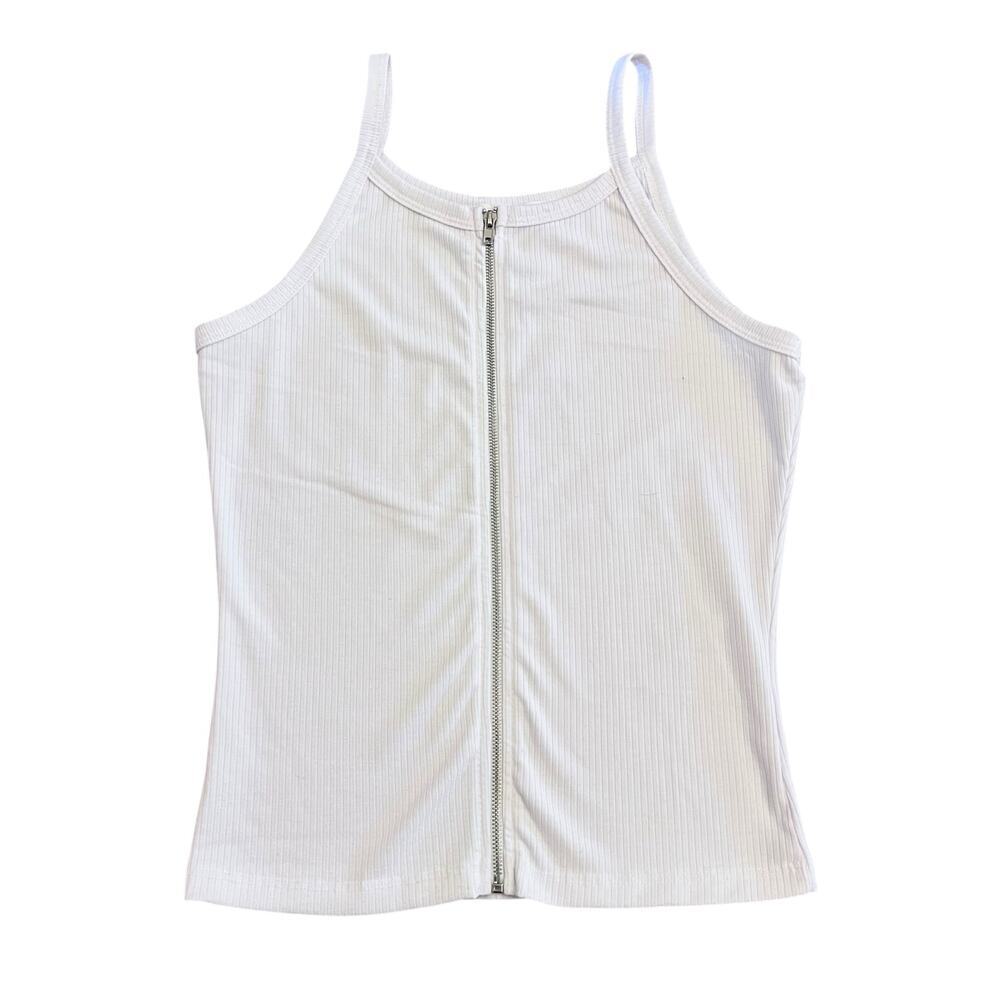 TANK TOP WOMENS WHITE FULL FRONT ZIPPER RIBBED SEXY SUMMER TOP